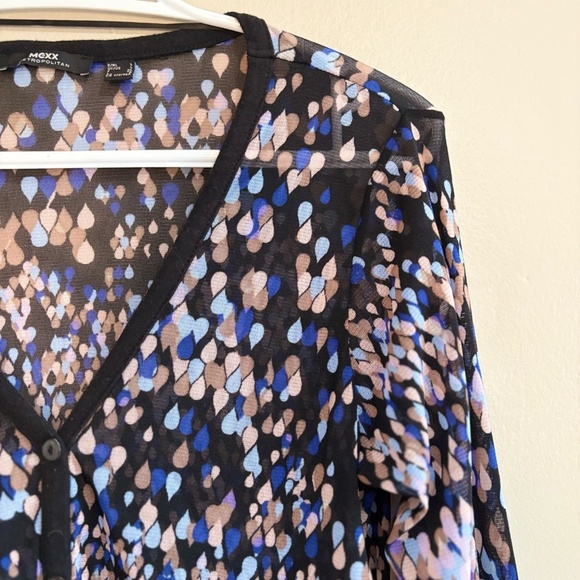 Mexx Mesh Black Blue & Lilac Pattern 3/4 Sleeve Ruched Button Up Blouse - Picture 4 of 14